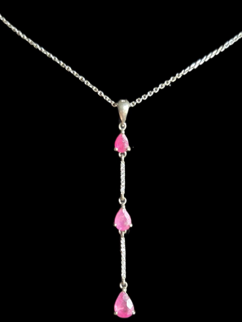 3 Tear Drop Natural Ruby Necklace with Diamond  Accent